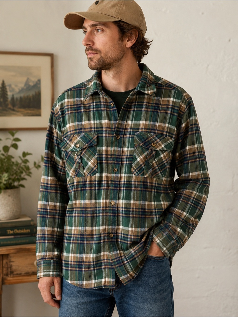 KingSize Men’s Plaid Flannel Shirt 3XLT Green Brown Button Front Tall